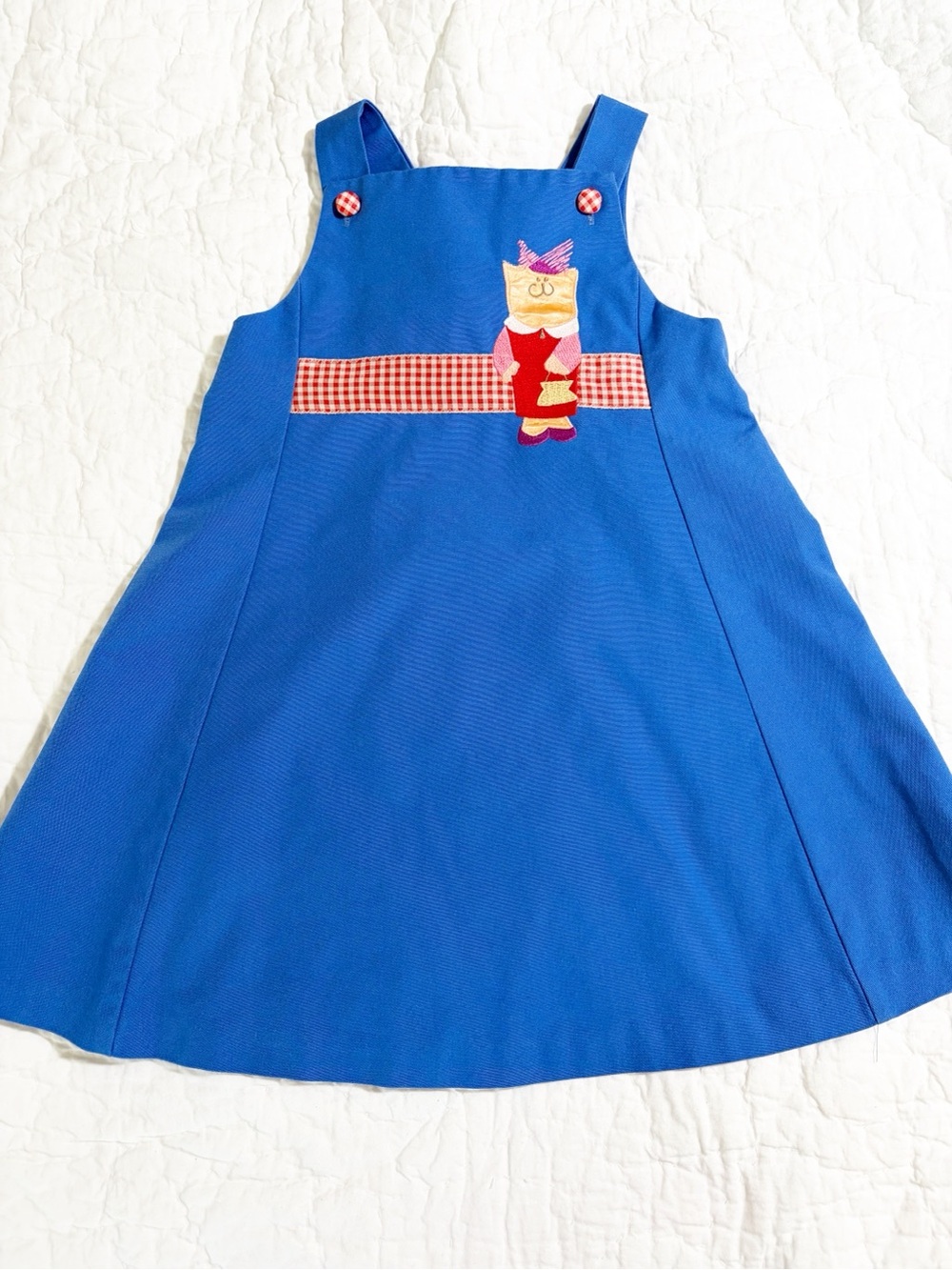 Toddler Girl 4 • chocolate soup • Blue Pinafore Dress with Red Gingham Accent